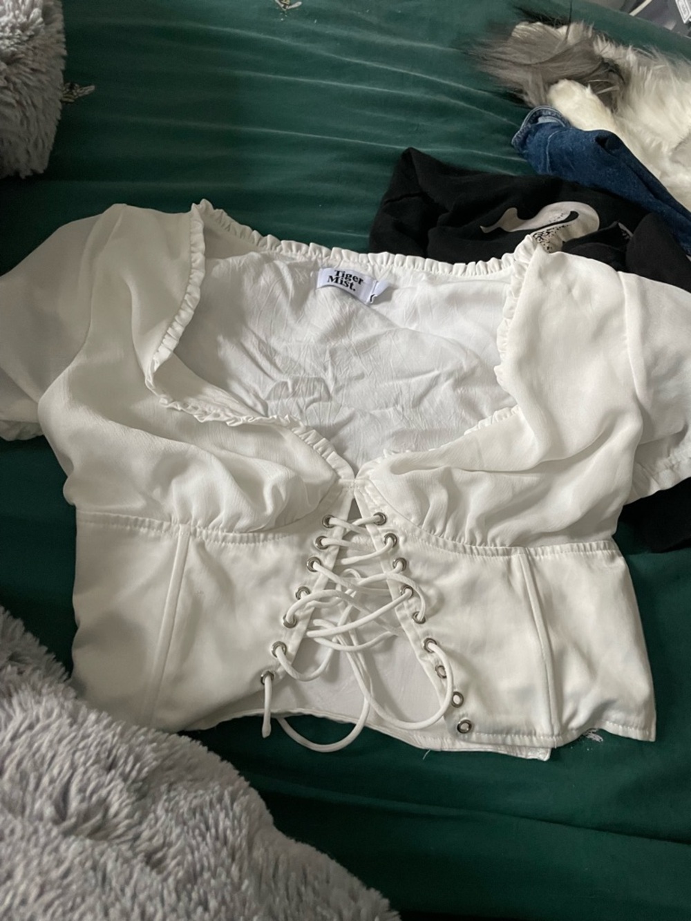 Motel Rocks White Lace-Up Corset Top with Puff Sleeves